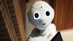 「テレワークって何？」との質問に答えるロボットのペッパー君